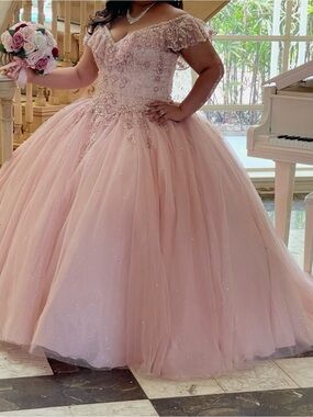 Girls' Blush Pink Off-Shoulder Tulle Ball Gown Dress